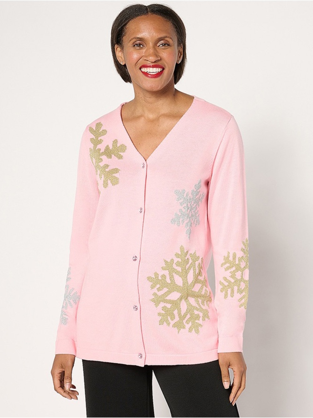NWT Quacker Factory Pink Snow Day V-Neck Intarsia Snowflake Sweater Cardigan XL